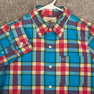 Hollister Mens‎ Medium Blue Red Plaid Short Sleeve Button Up Shirt Casual Top